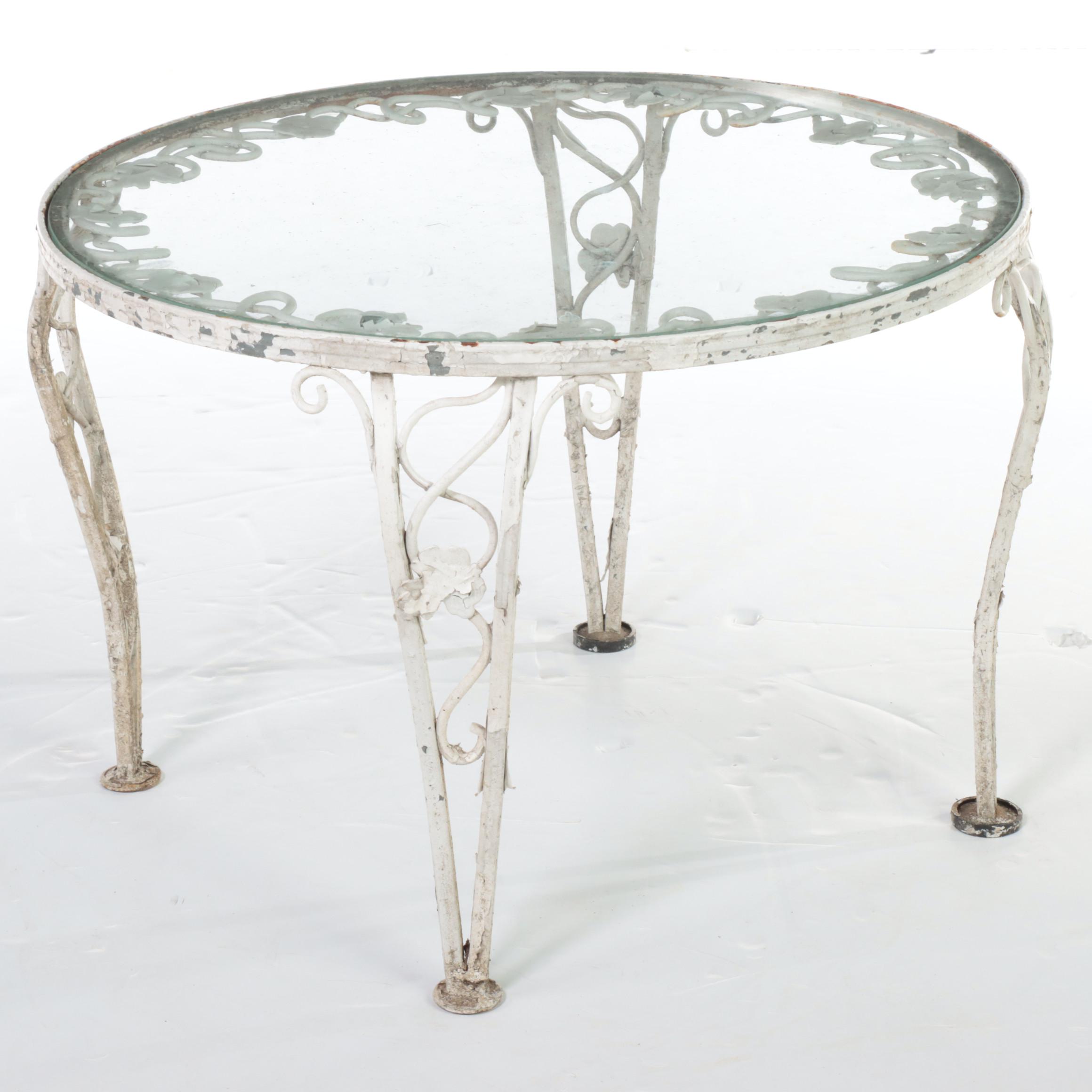 WhitePainted Iron and Glass Top Patio Side Table, Manner of Russell