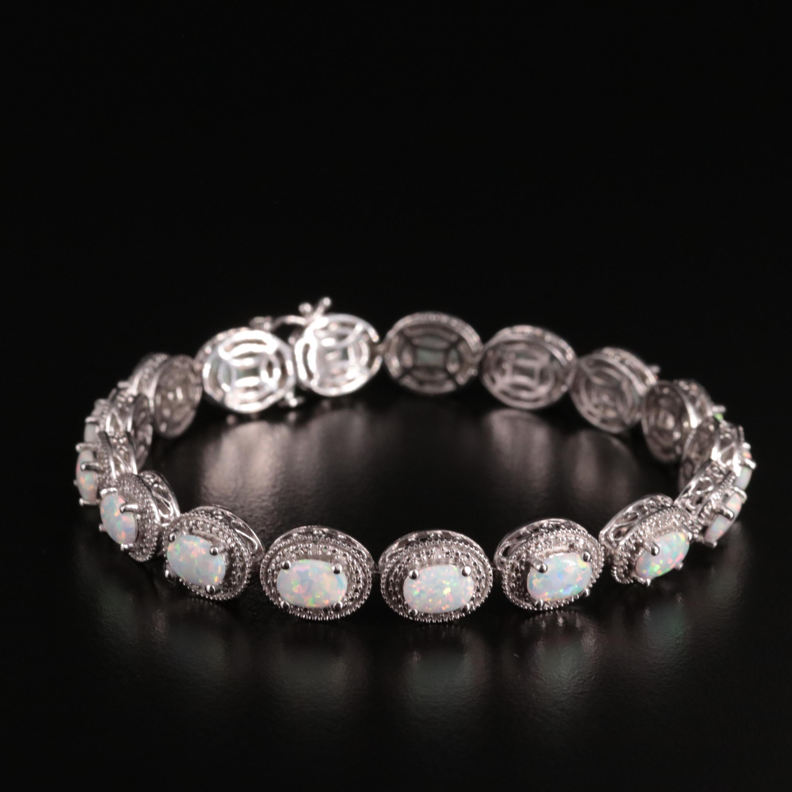 Sterling Diamond and Oval Opal Bracelet | EBTH