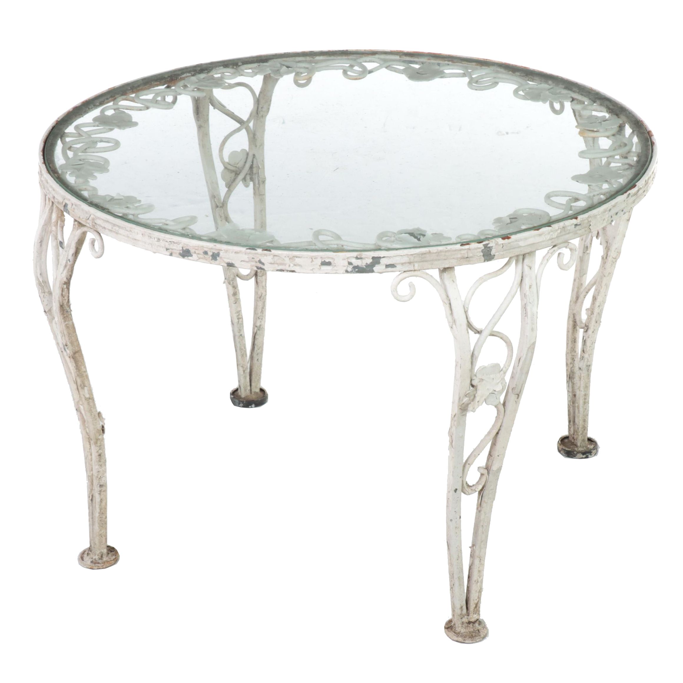 WhitePainted Iron and Glass Top Patio Side Table, Manner of Russell