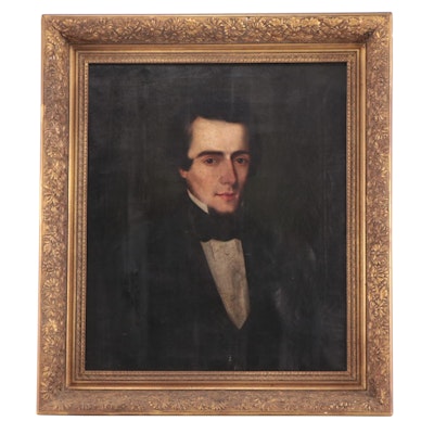 American School Portrait Oil Painting of Young Man in Suit, 19th Century