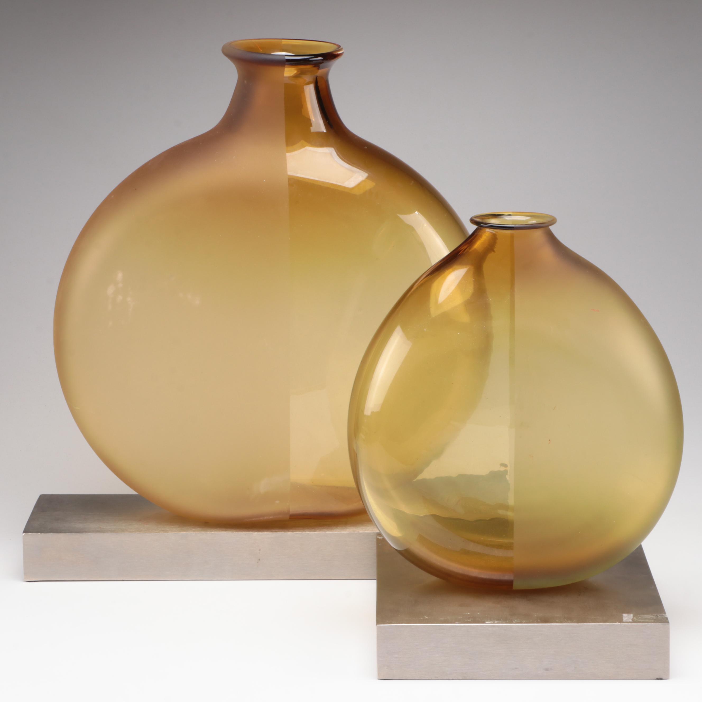 Curated visual reference: High End Penthouse Amber Glass Vases Reference: Handblown Half Frost And Half Clear Amber Glass Vases With
