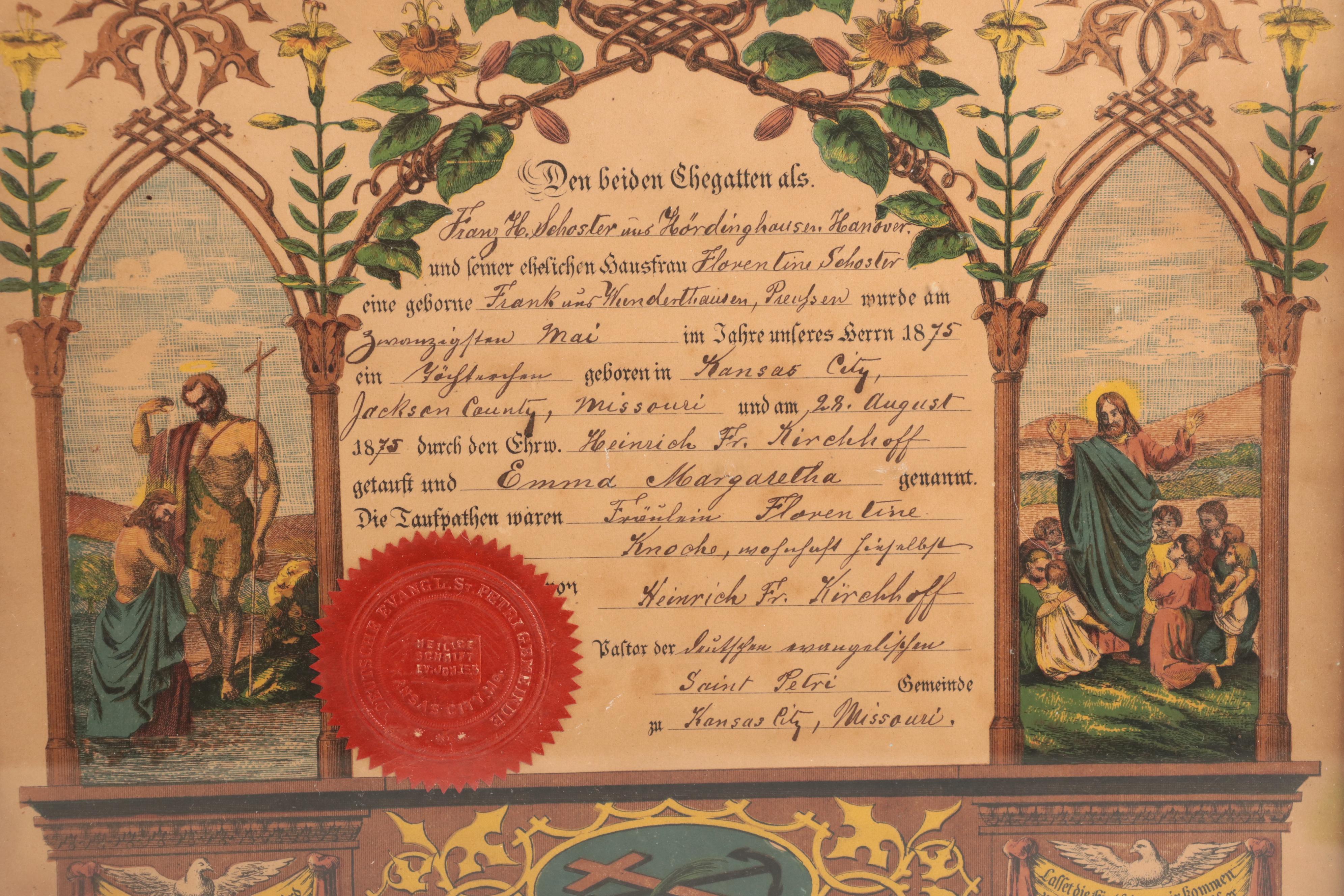 German Language Birth and Baptismal Certificates, Mid to Late 19th