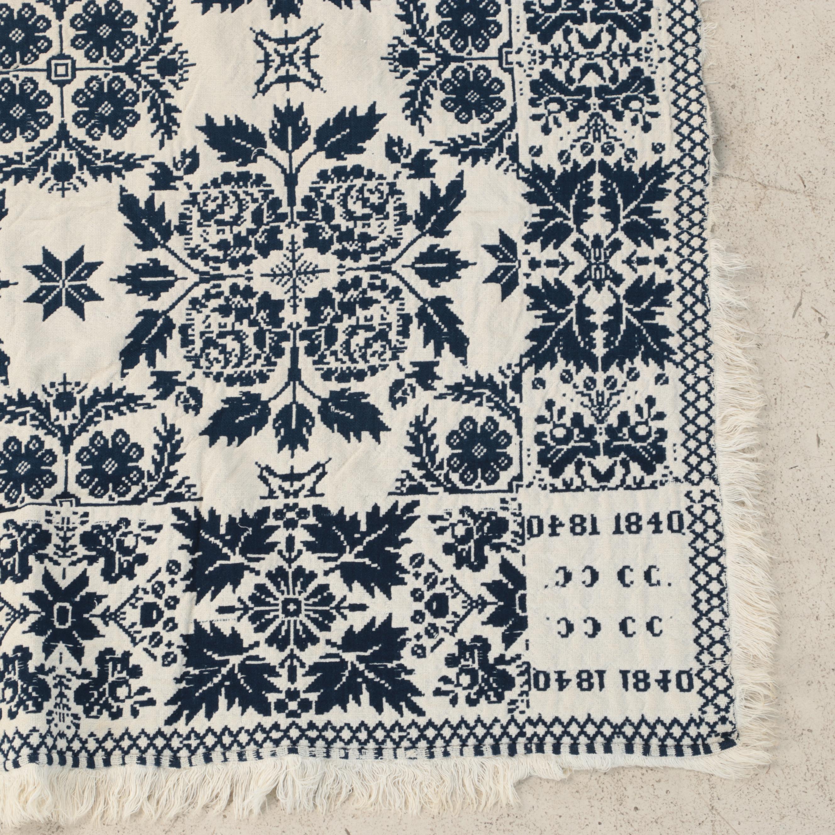 American Blue and White Woven Coverlet, 1840 EBTH