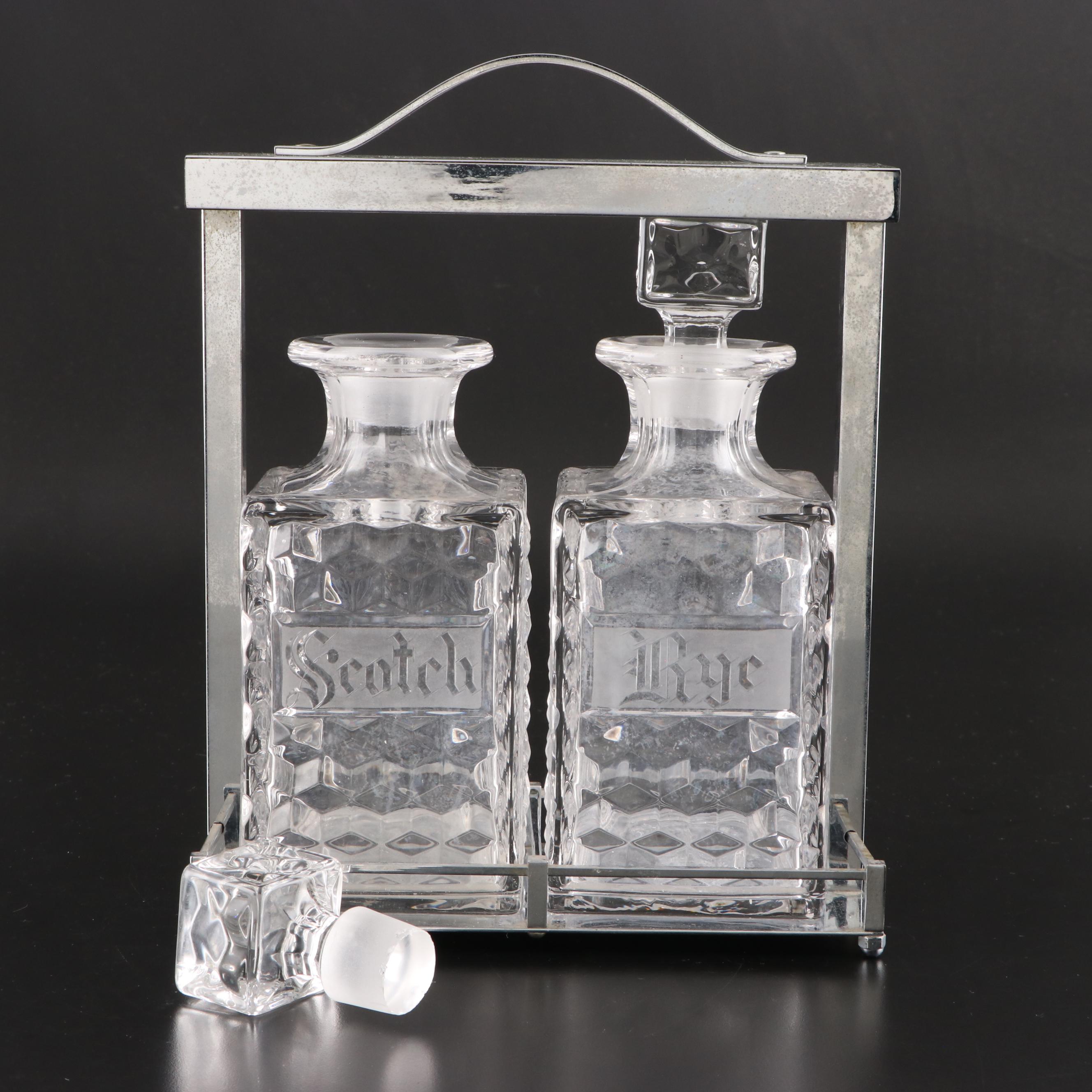 Fostoria Etched Glass Decanters with Metal Stand EBTH