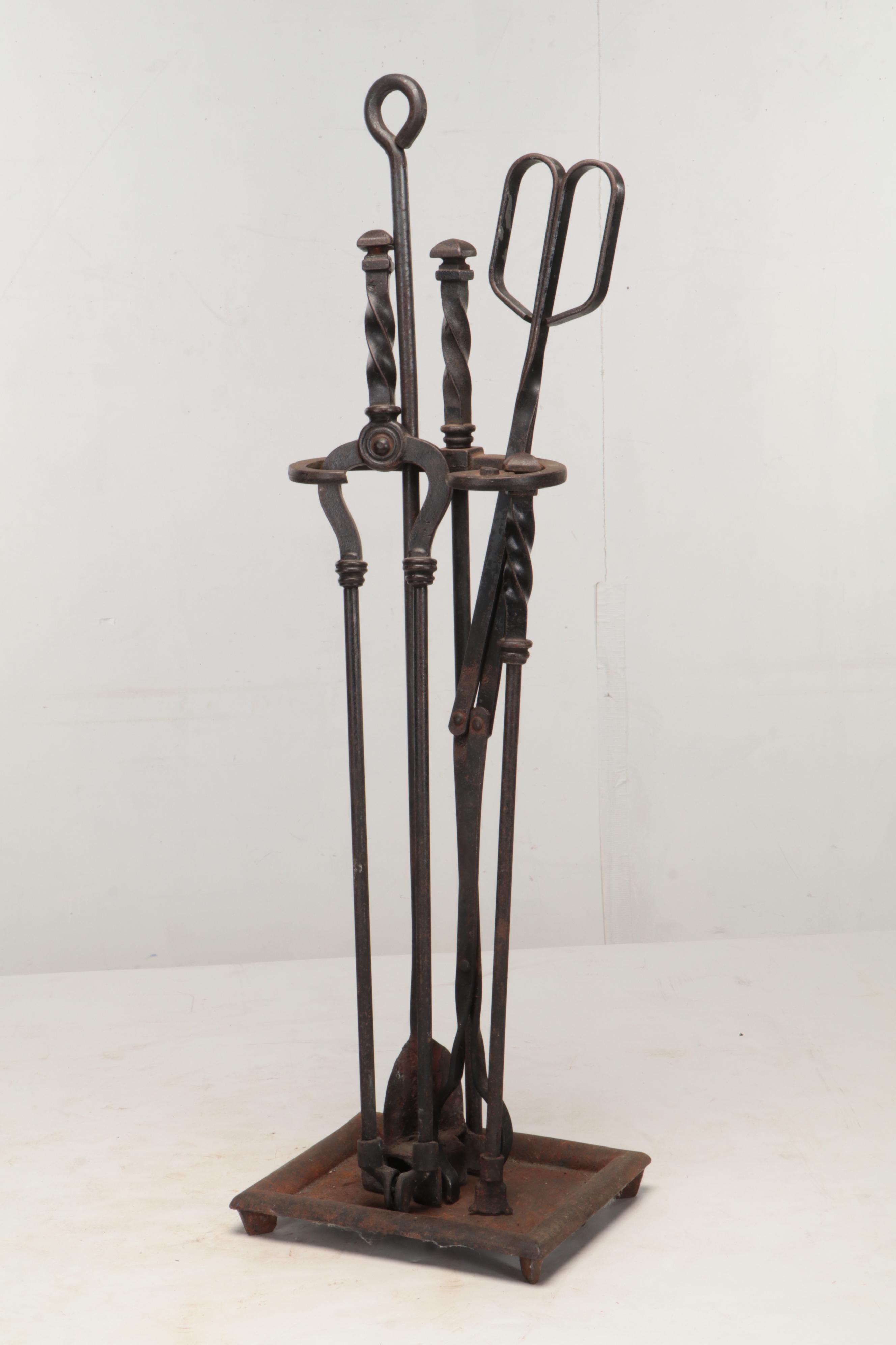 Cast Iron Fireplace Tool Set with Metal and Brass Log Holder EBTH