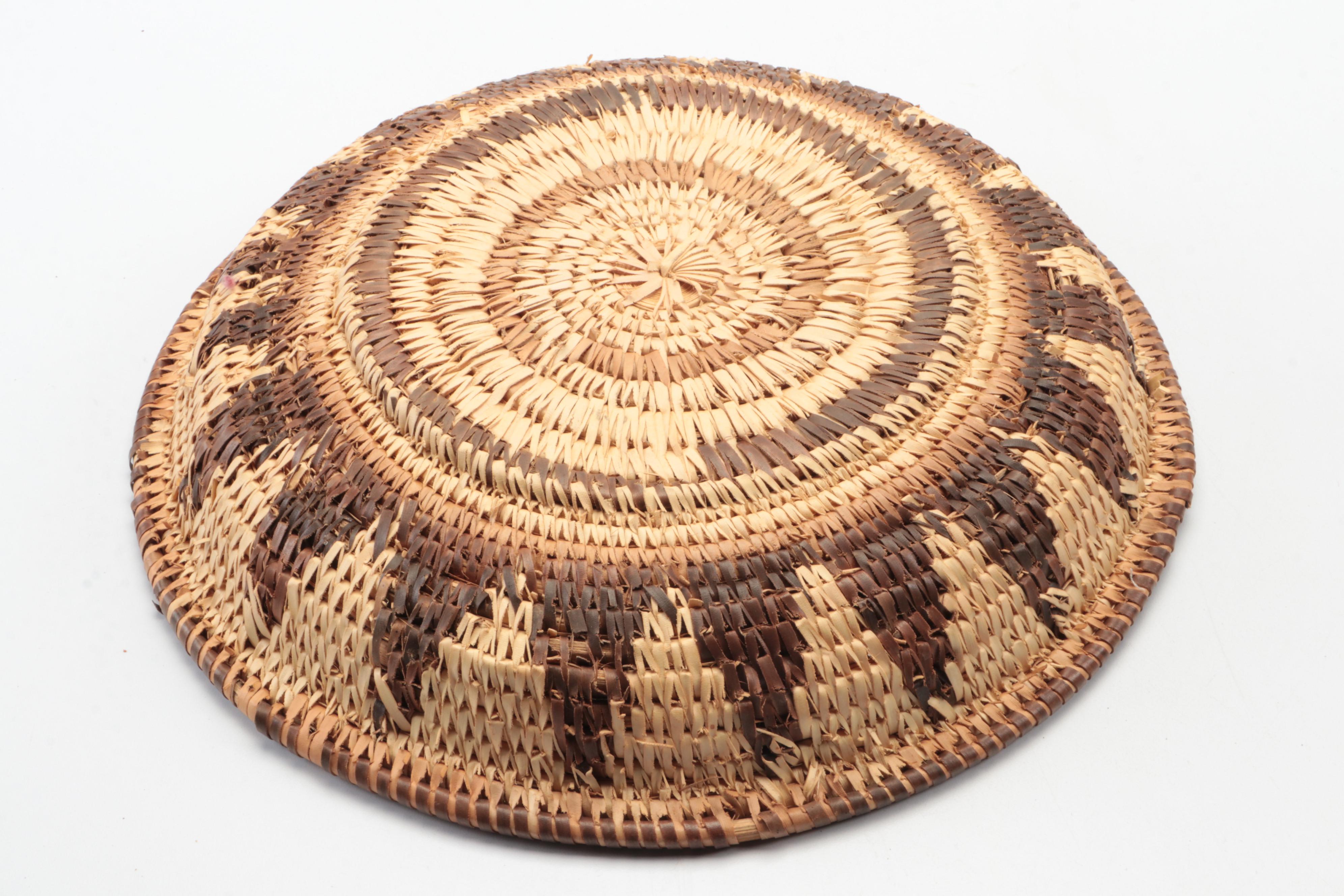 Handcrafted Sun Motif Woven Grass Basket with Wood Stand EBTH