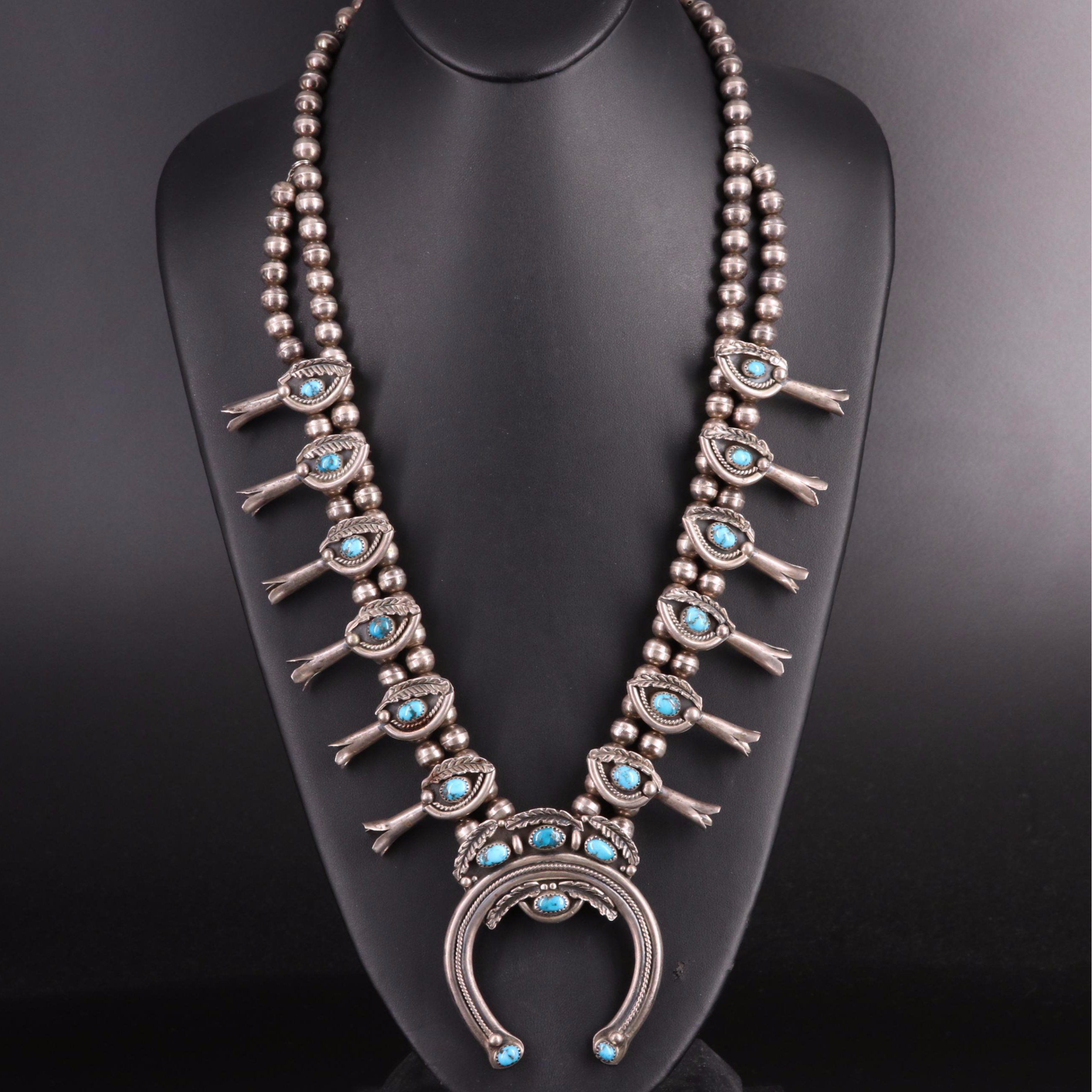 Southwestern Signed Turquoise Squash Blossom Naja Necklace EBTH