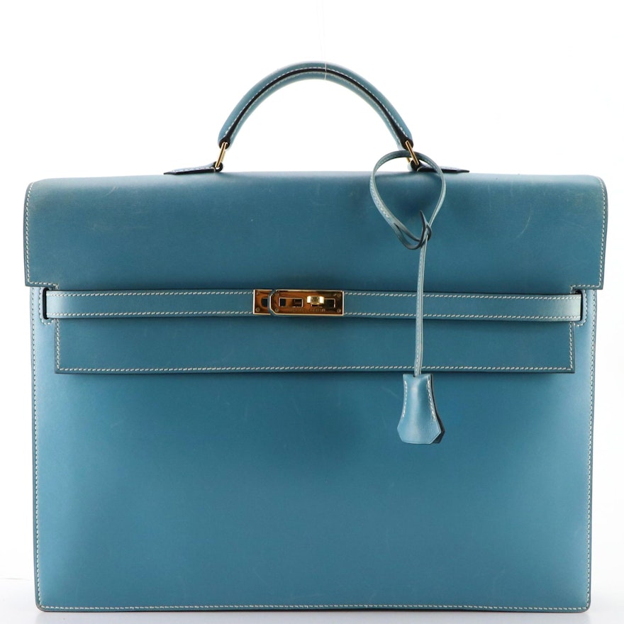 Hermès Kelly Depeches 38 Briefcase in Blue Jean Gulliver Leather