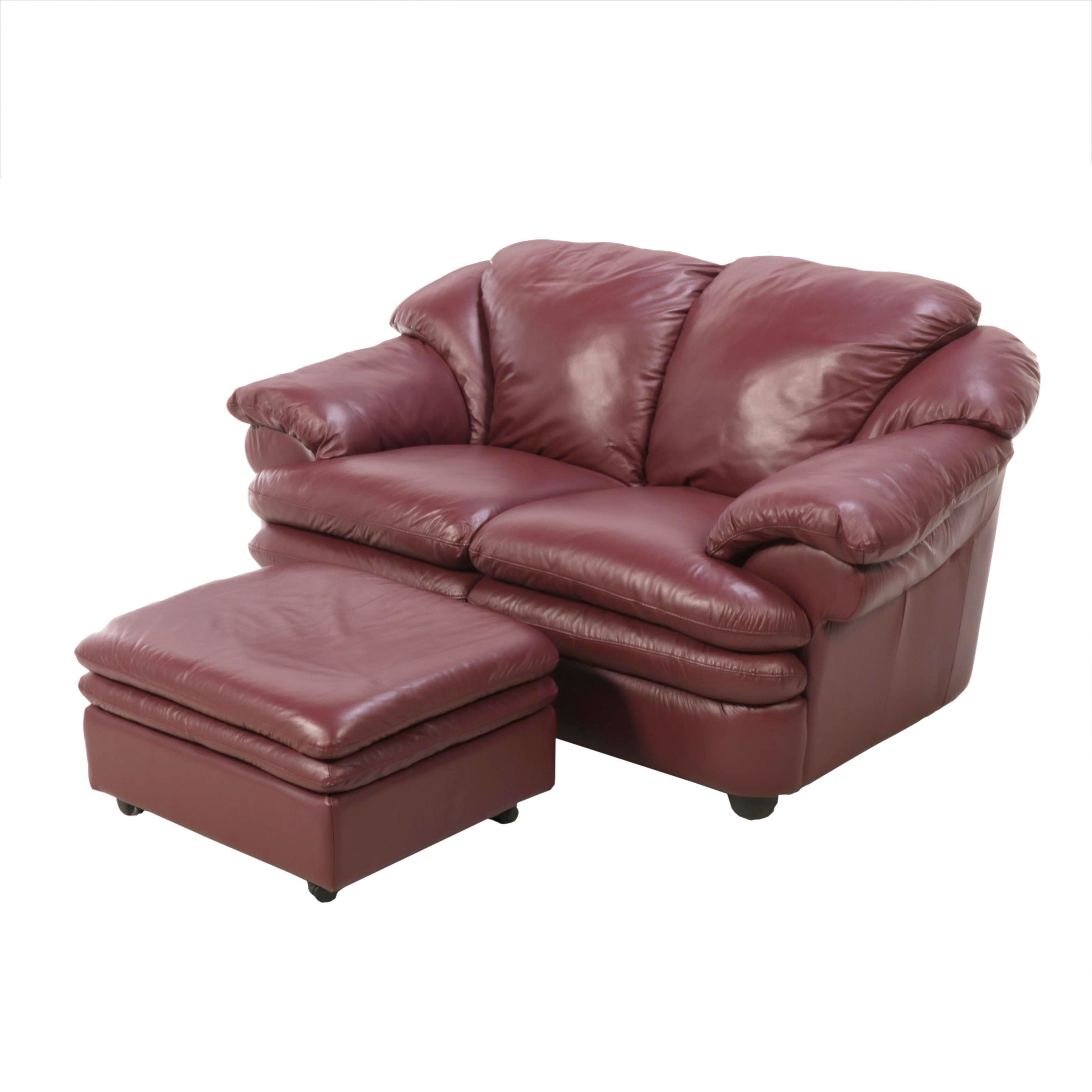 Italian Leather Overstuffed Loveseat with Ottoman EBTH