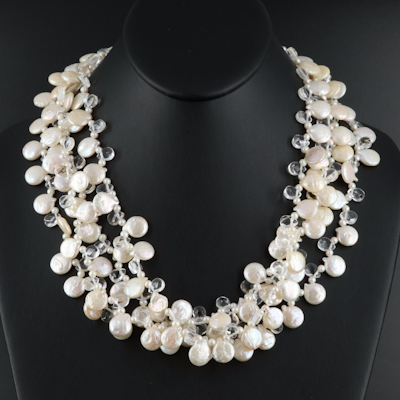 Pearl and Rock Crystal Quartz Multi-Strand Necklace with 14K Clasp