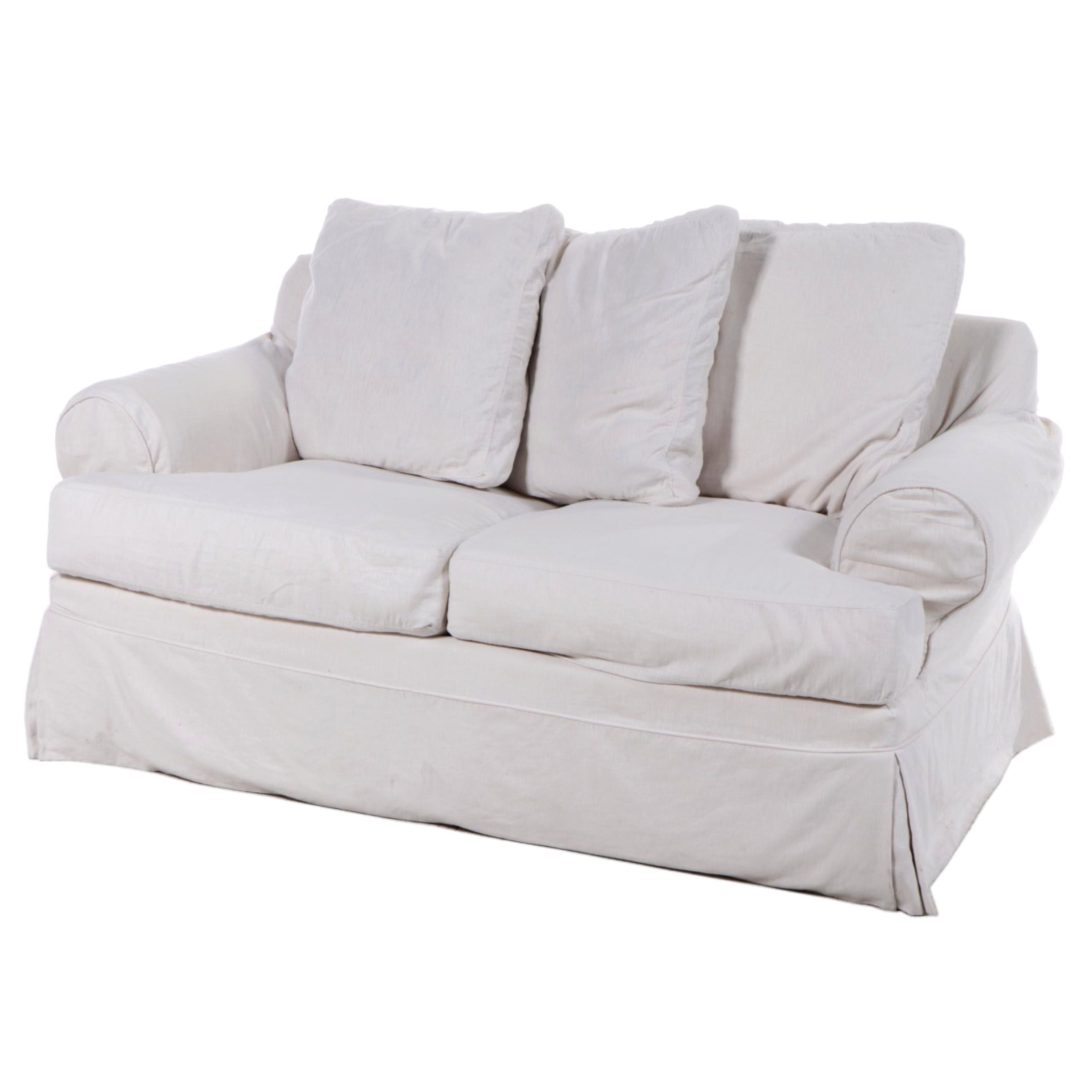 Sofa Express White Slipcovered Roll Arm Loveseat, Late 20th Century EBTH