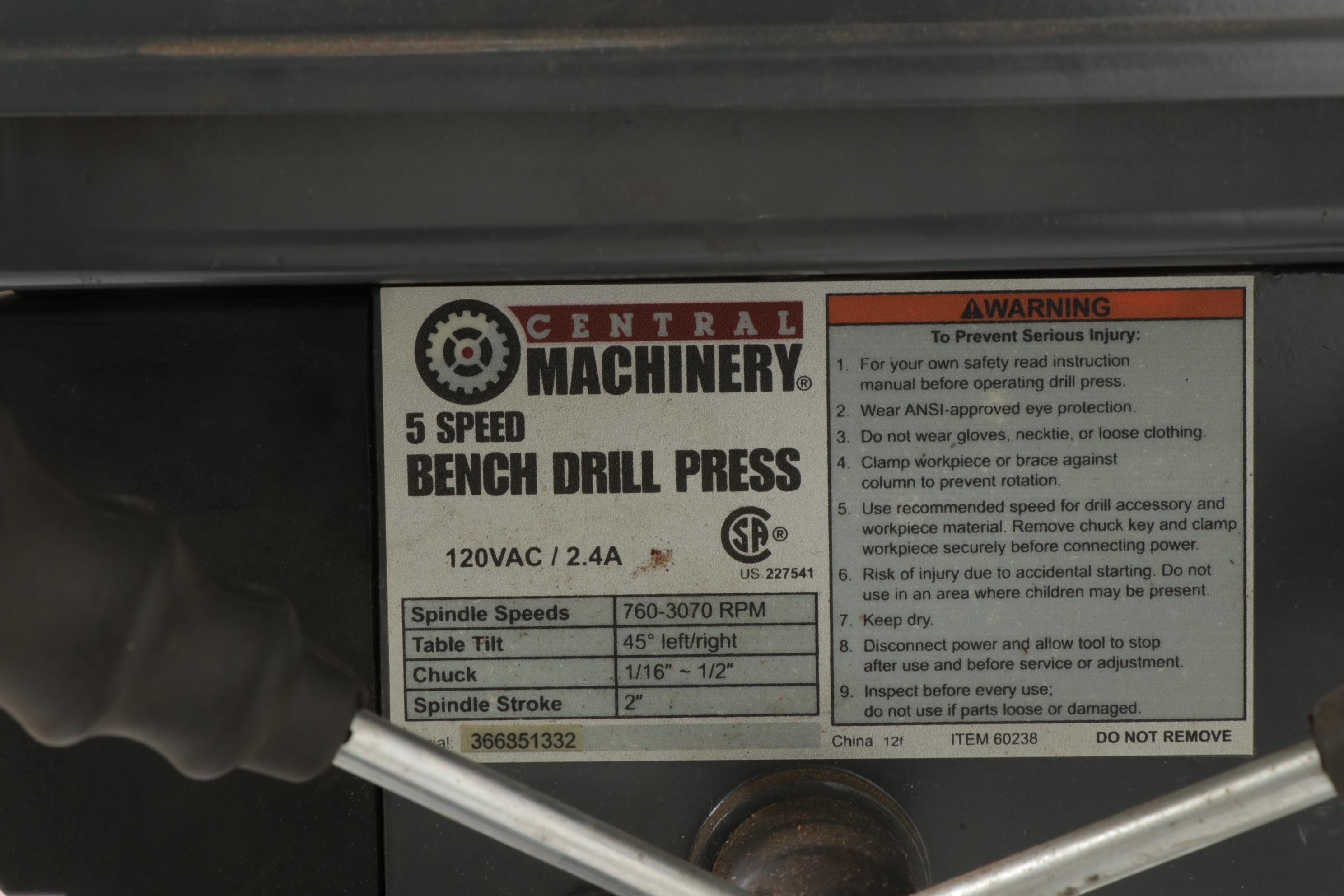 Central Machinery 5Speed Benchtop Drill Press With Spirit Levels EBTH