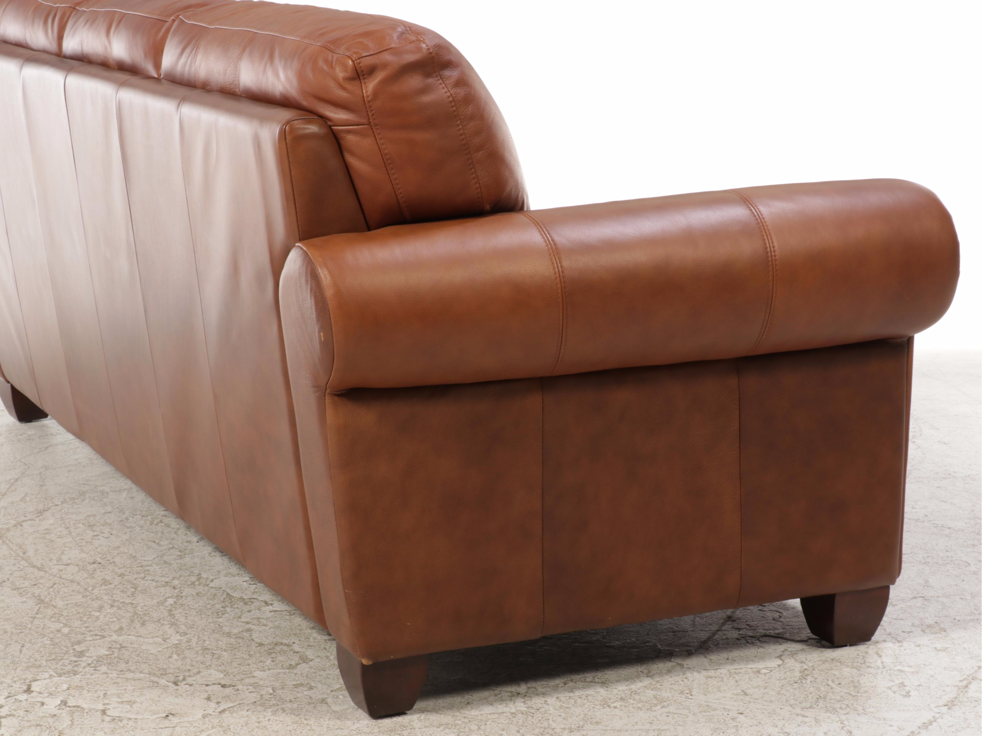 Ethan Allen Brown Leather RollArm Sofa EBTH