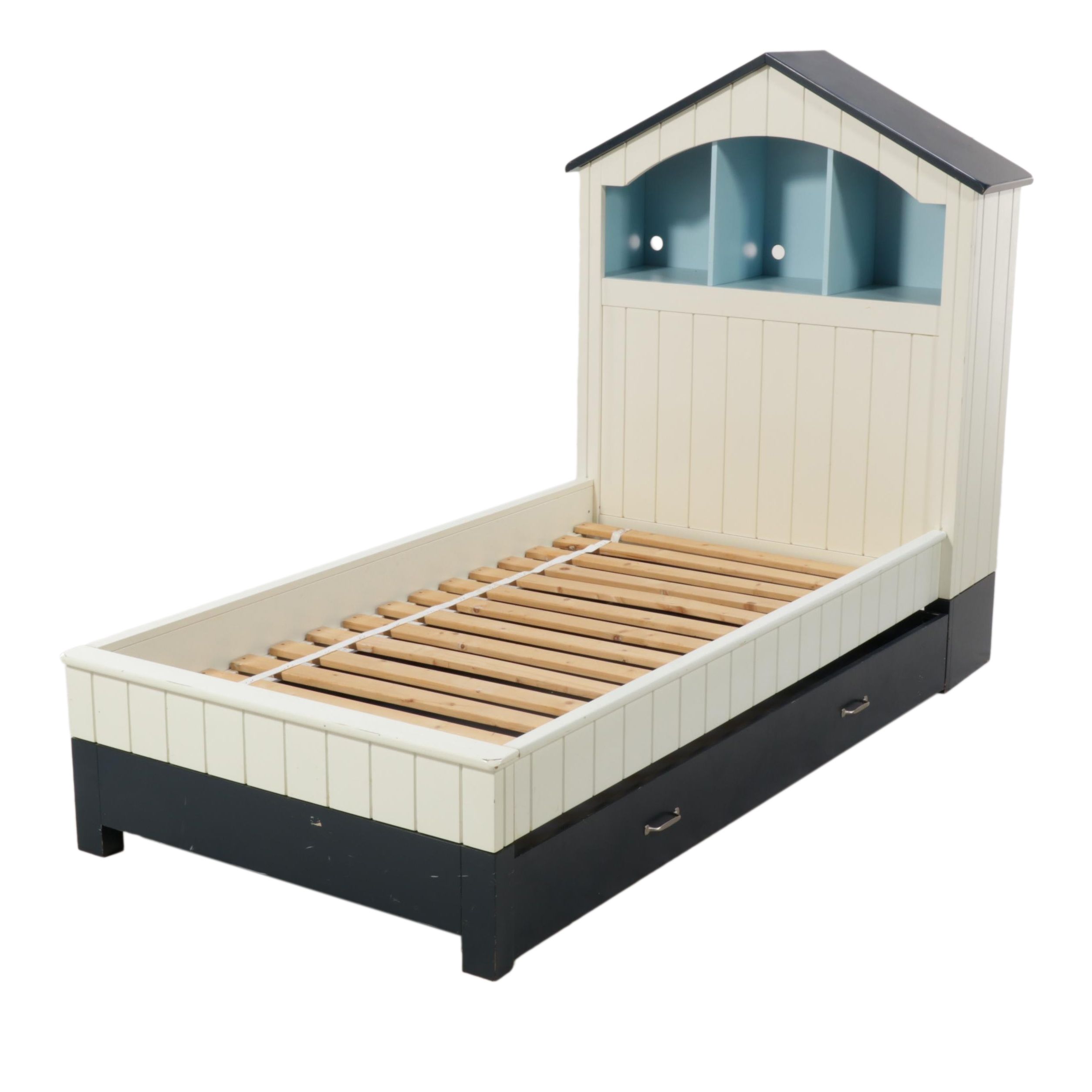 Farmhouse Style Painted Wooden Twin Bed Frame with Bookshelf Headboard