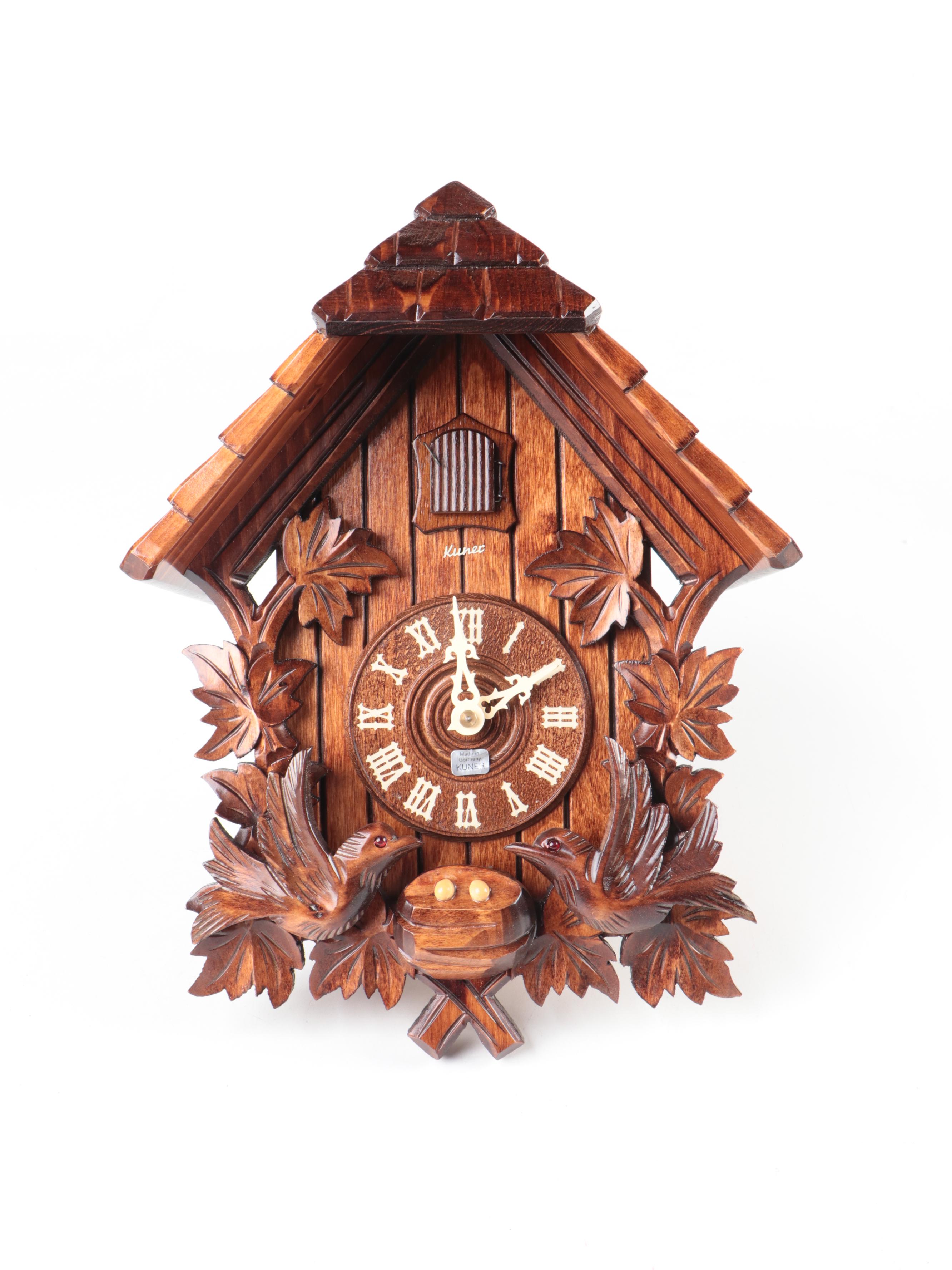 Kuner German Black Forest Carved Wood Cuckoo Clock, Late 20th Century