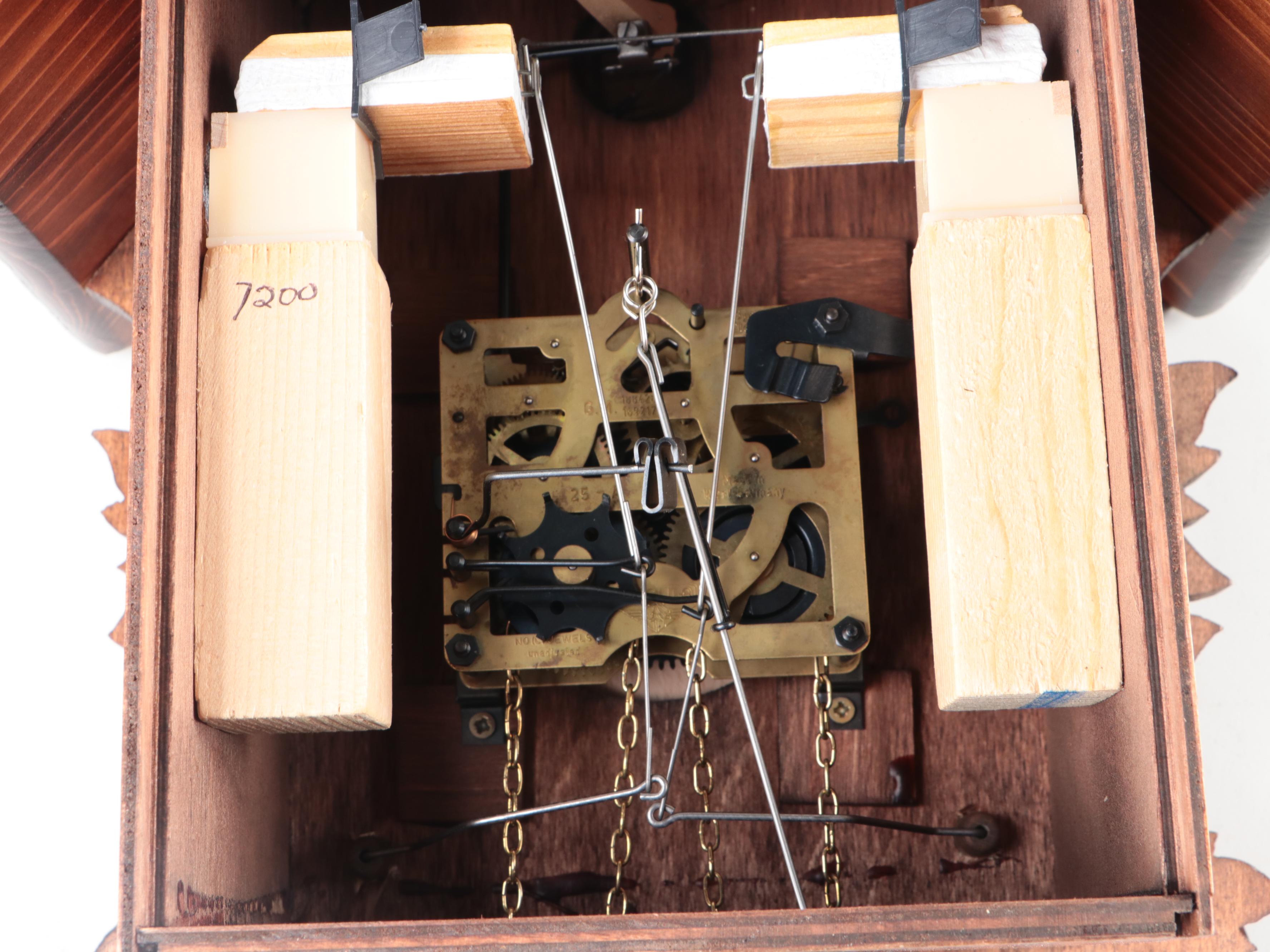 Kuner German Black Forest Carved Wood Cuckoo Clock, Late 20th Century