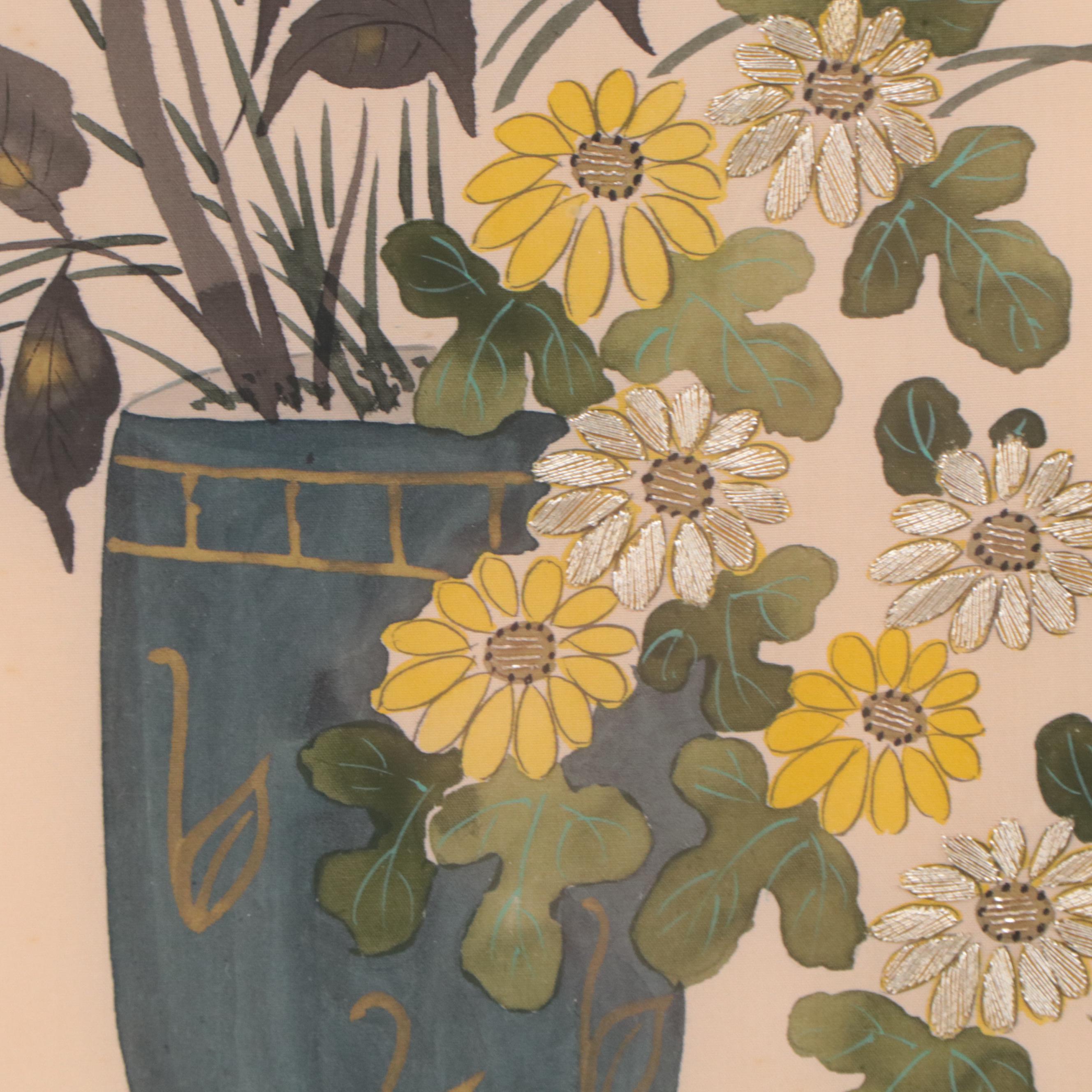 Japanese Mixed Media Painting of Floral Still Life, Circa 1965 EBTH