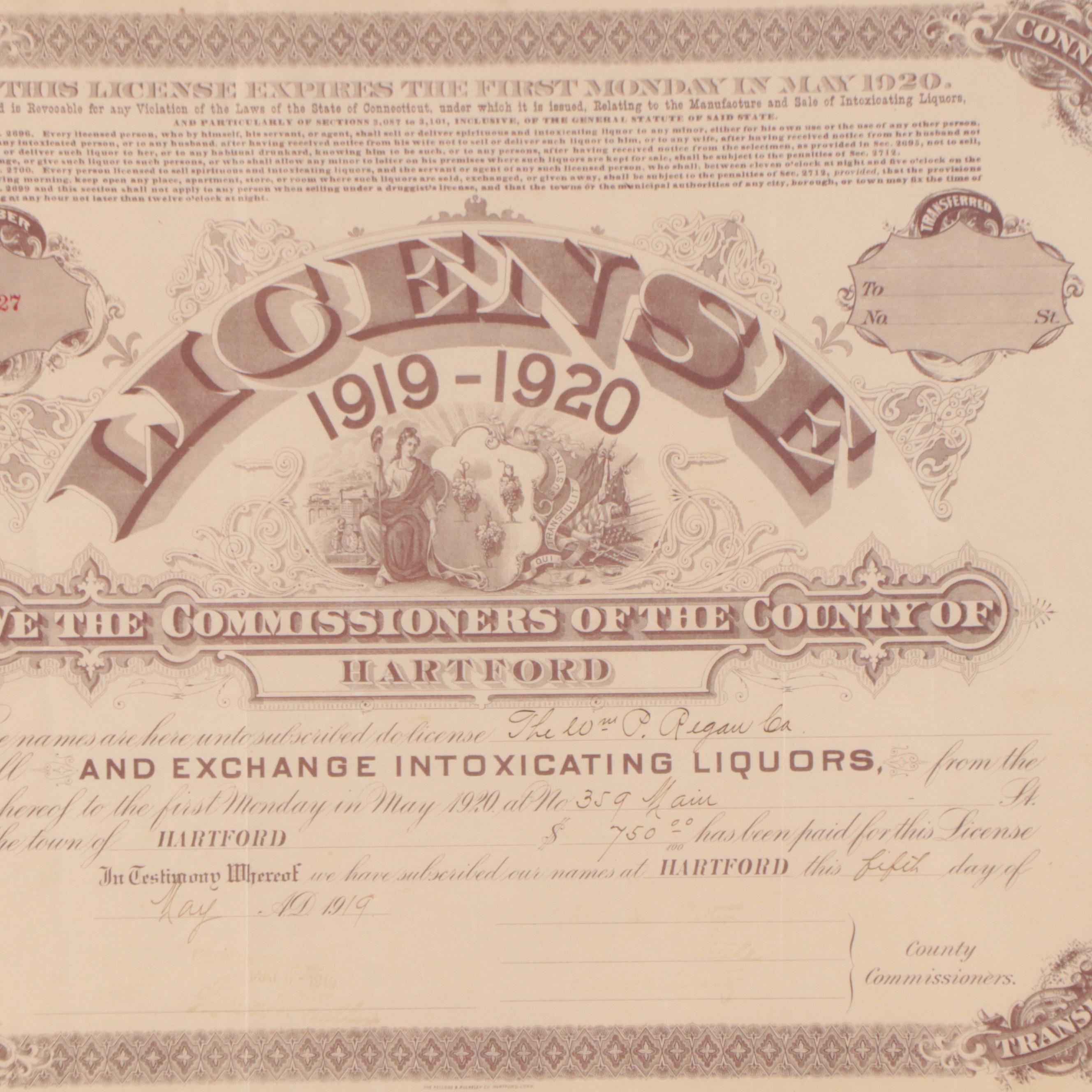 Liquor License Certificate, 1919 EBTH