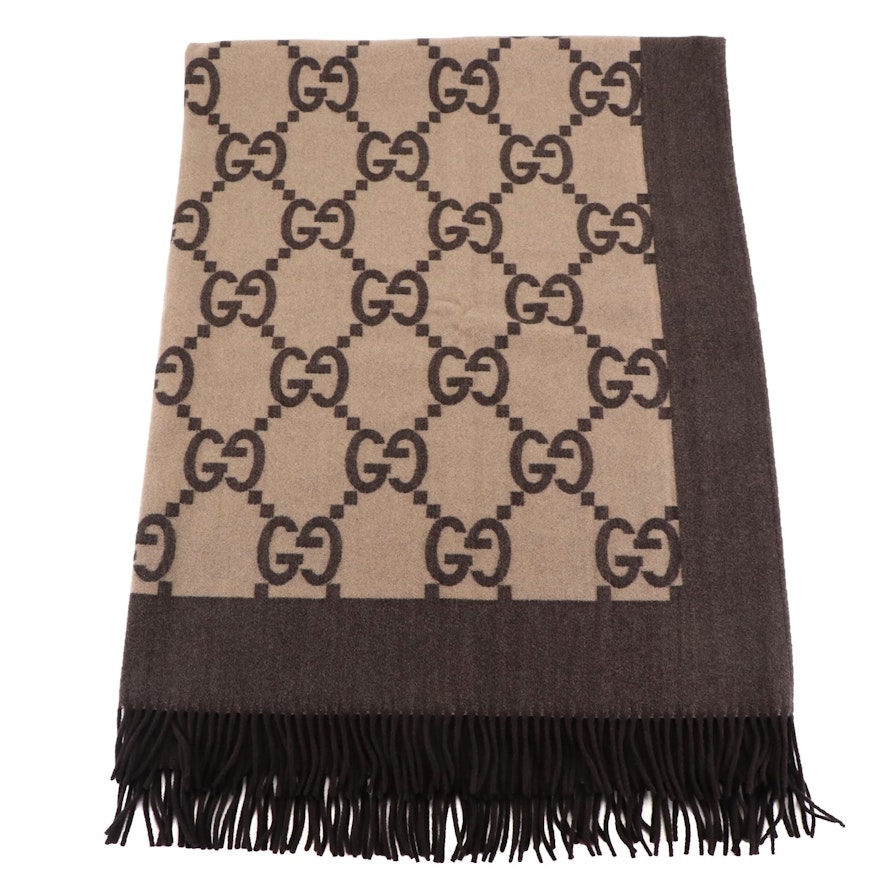 Gucci GG Fringed Blanket Throw in Wool, Nylon, and Cashmere with Box