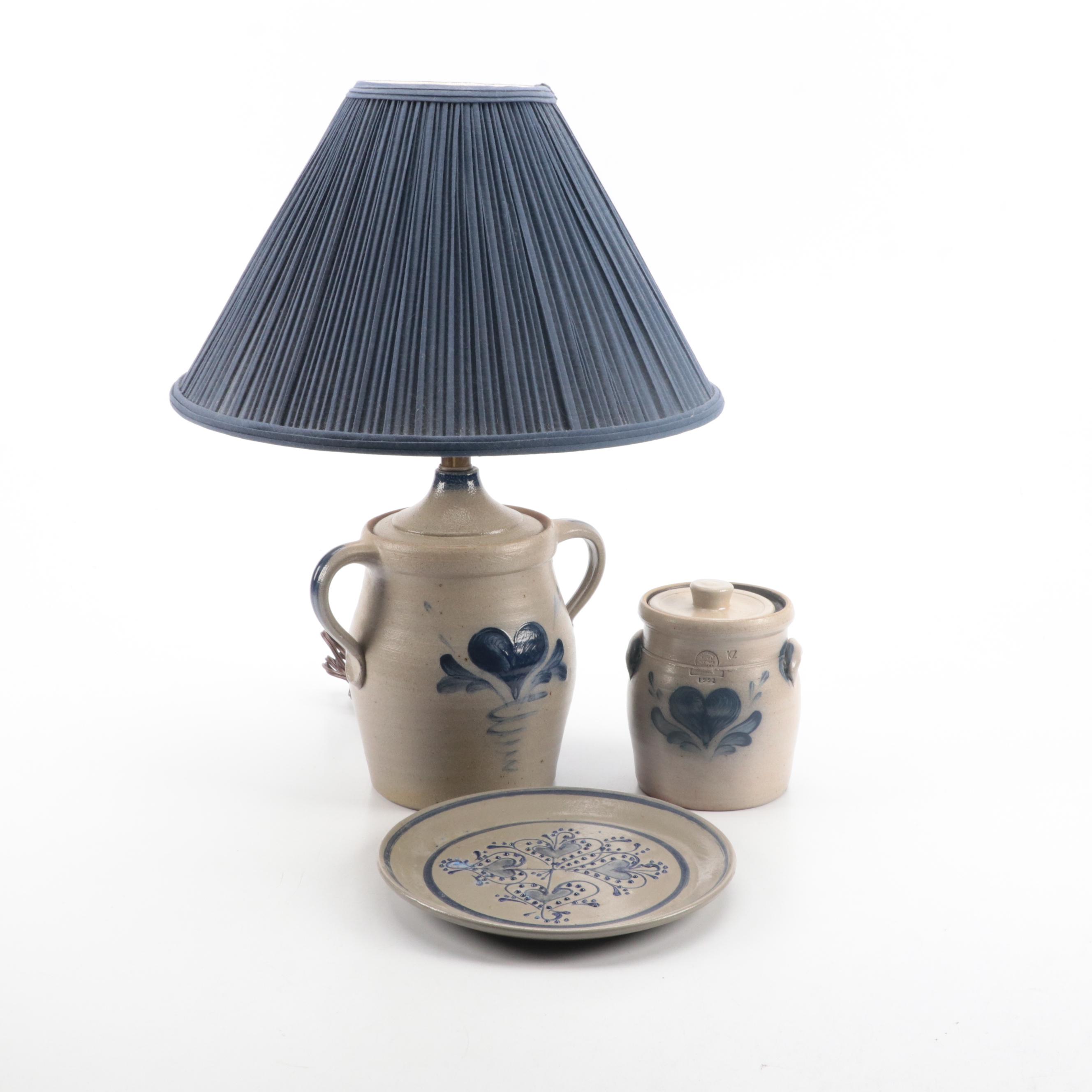 Rowe Pottery SaltGlazed Stoneware Jug Lamp and Lidded Jar, Stoneware Plate EBTH