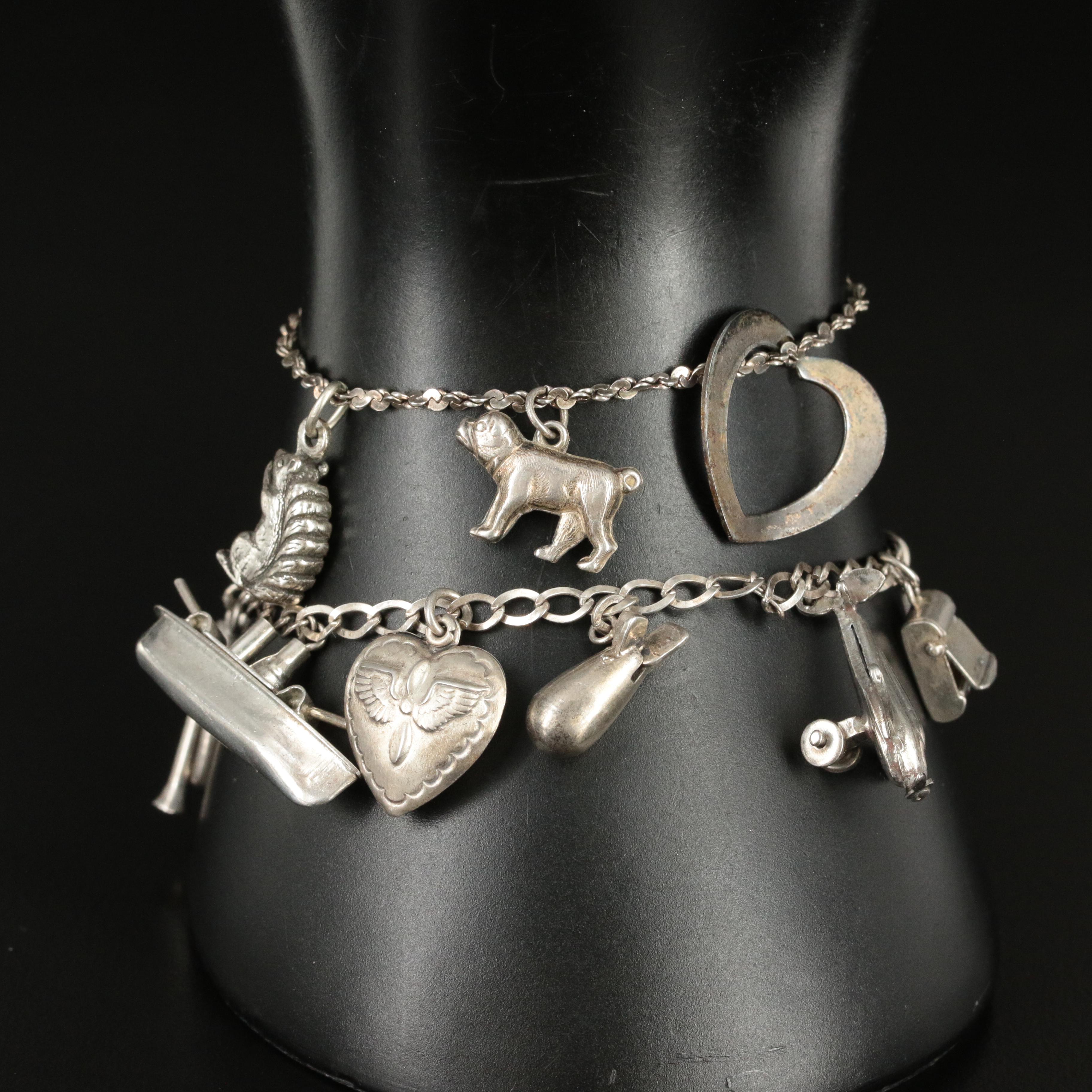 Vintage Sterling Charm Bracelets Including Military and Animal Themed