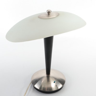 Deco Revival Style Frosted Glass, Metal and Faux Leather Dimmable Table Lamp