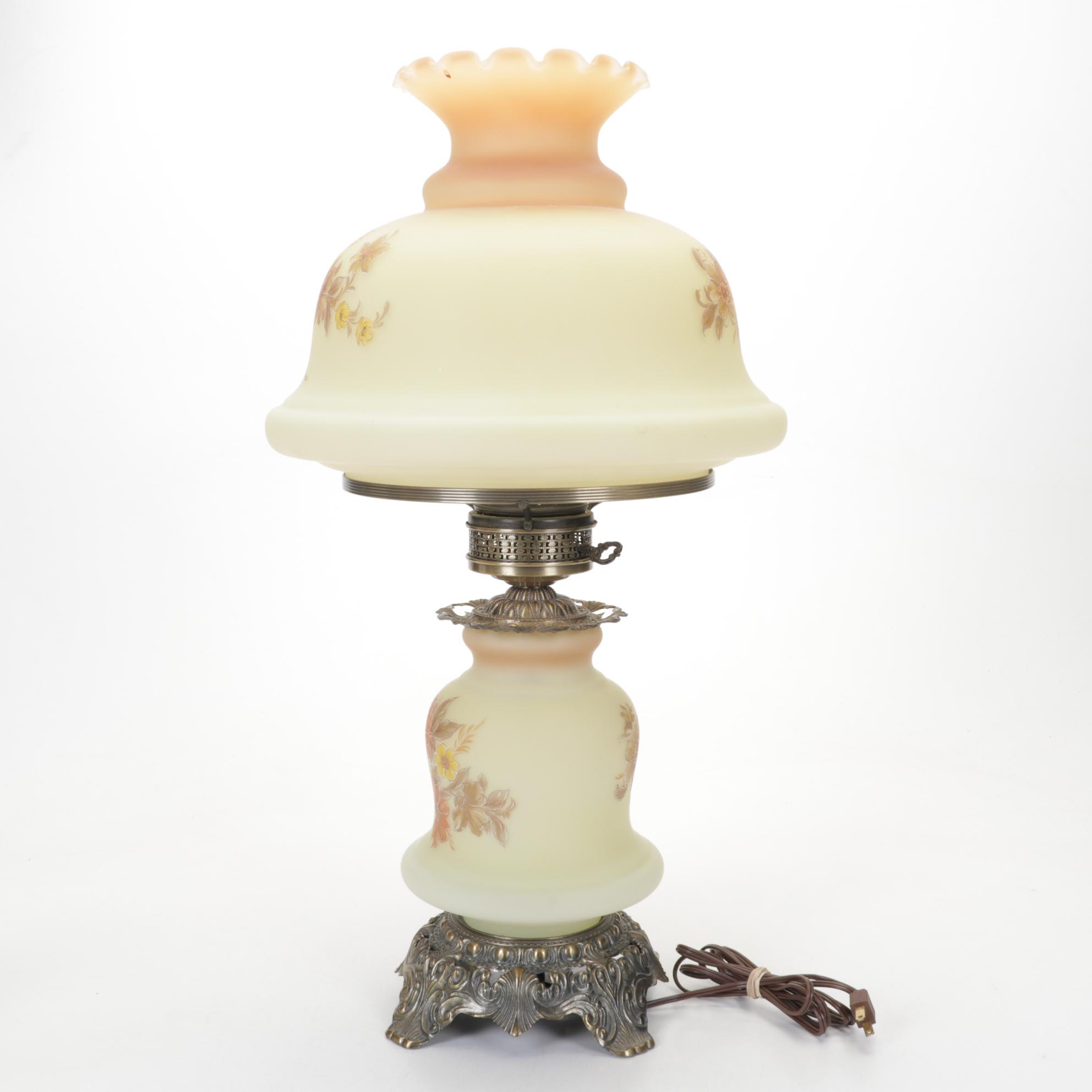 Quoizel Satin Glass Parlor Lamp & Fenton Signed Custard, Burmese Ruffle