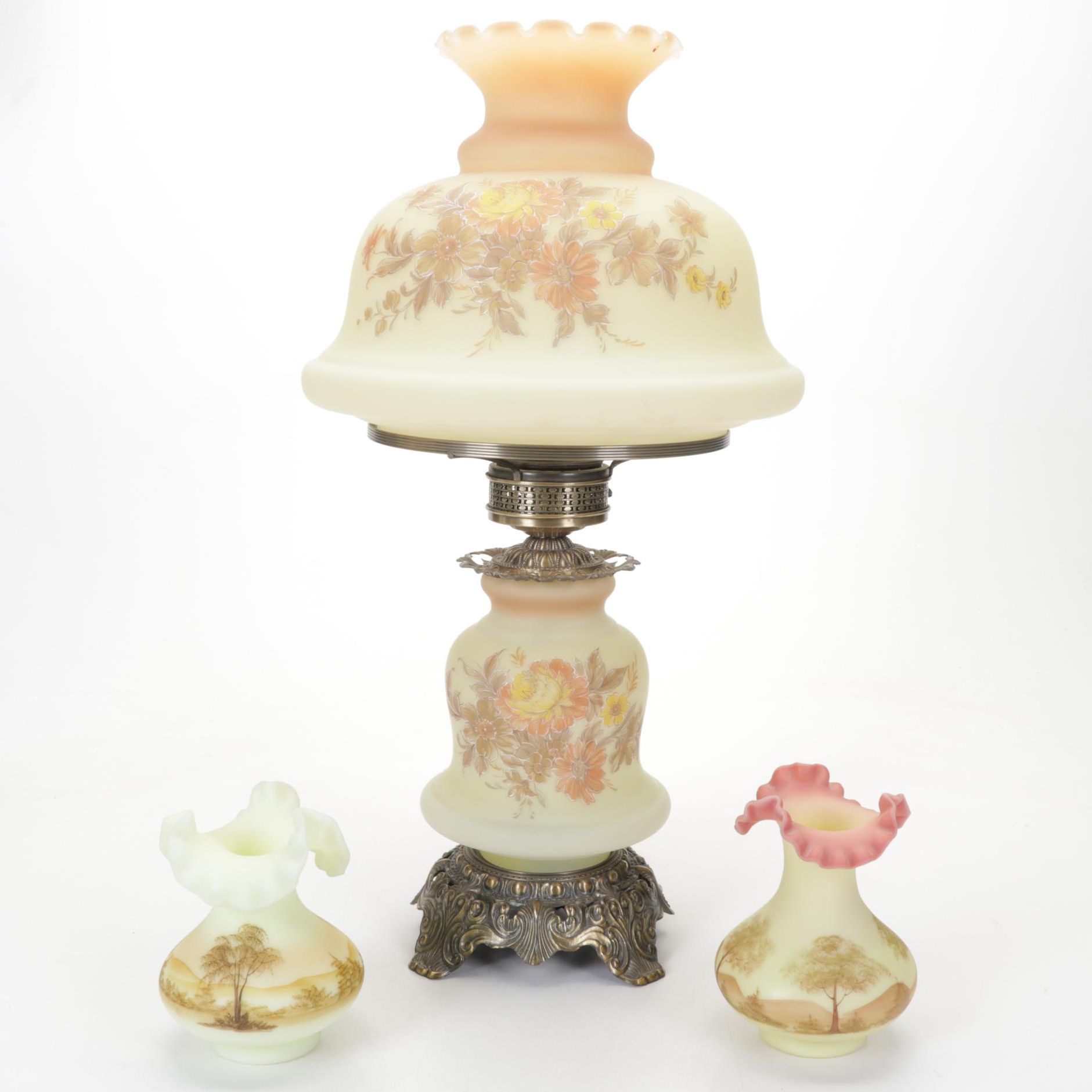 Quoizel Satin Glass Parlor Lamp & Fenton Signed Custard, Burmese Ruffle