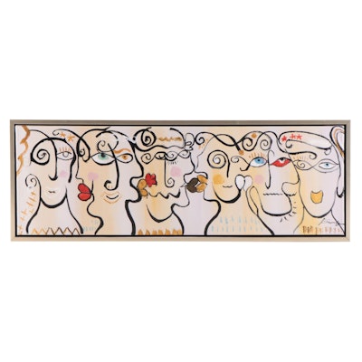 Bing Modernist Acrylic Painting of Abstract Faces