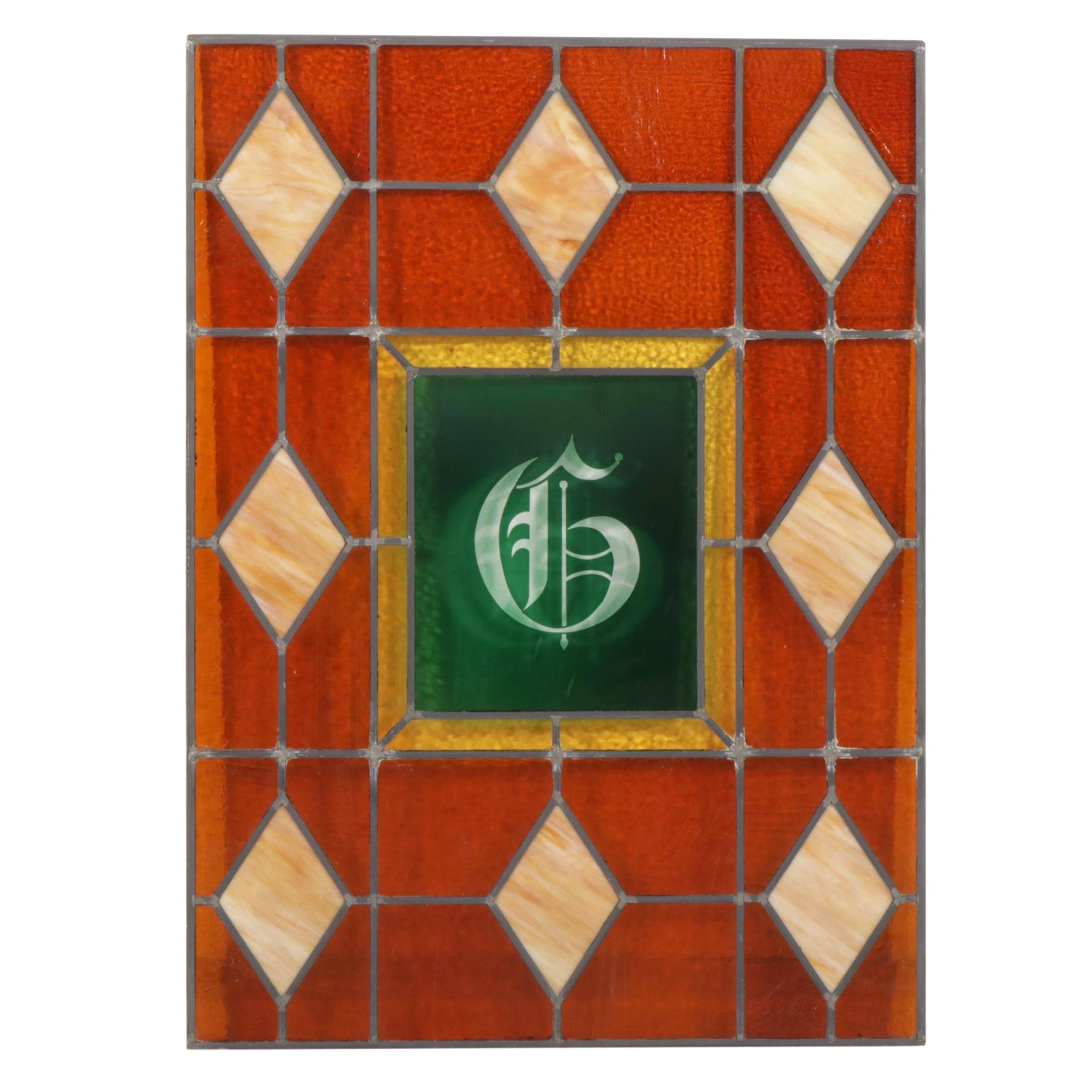 Stained and Slag Glass Leaded Panel Featuring Gothic Letter "G" EBTH