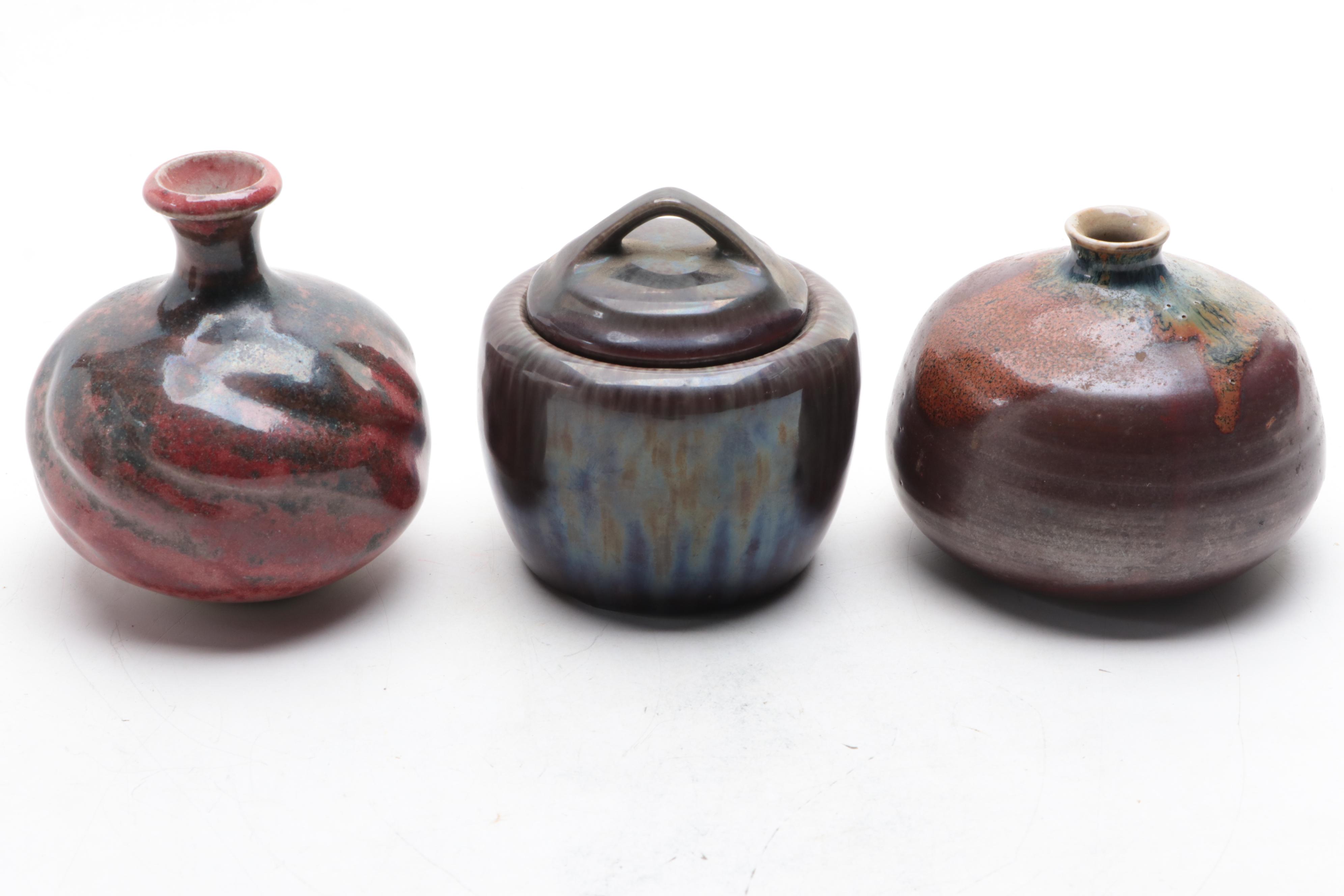 Artist Signed Brown Glaze Vase with Green and Orange Drip with More Art