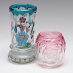 Northwood "Royal Ivy" Rubnia Swirl Spooner and Bohemian Style Hand-Painted Vase