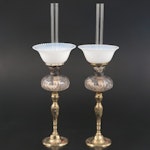 French Art Nouveau Brass and Enamel Candlestick and Glass Oil Peg Lamps
