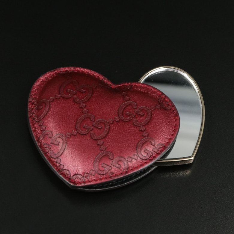 GUCCI Heart Compact Mirror Gold & Red Leather Case