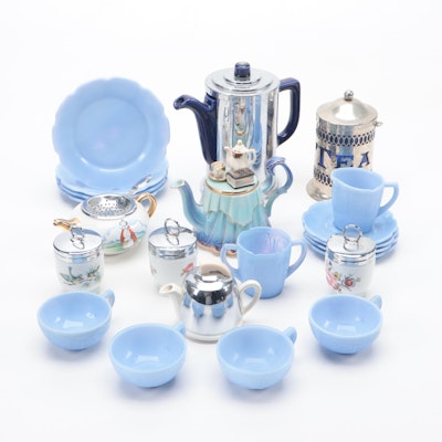 Jeannette Glass Delphite "Cherry Blossom" with Other Teapots and Tableware