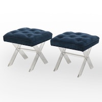 Pair of Cui Liu Designs Modernist Style Acrylic and Button-Tufted X-Stools