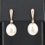 14K Pearl and Diamond Dangle Earrings